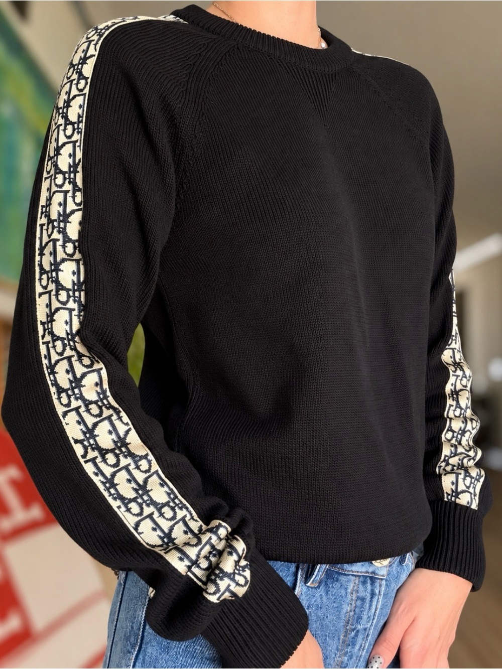 Dior Oblique Trim Knit Sweater Black Unisex Logo Crewneck